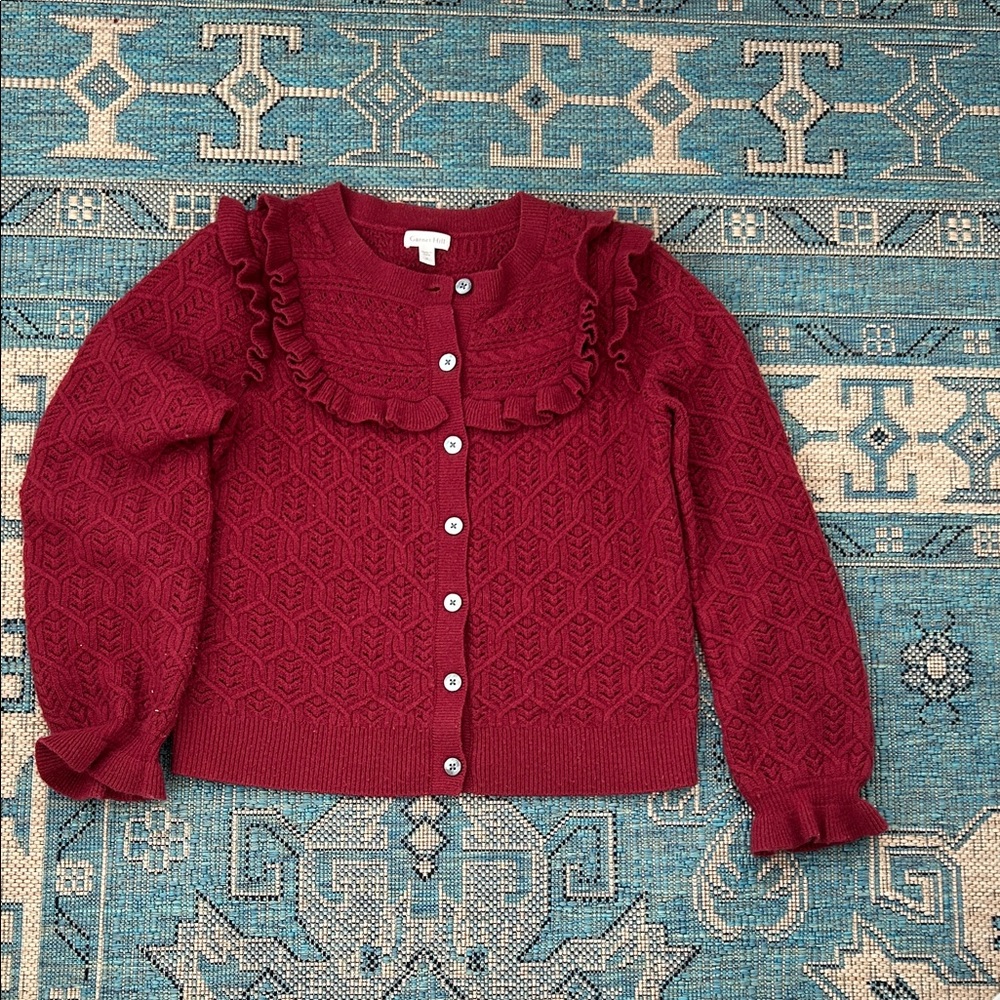 Garnet Hill Deep Red Ruffle Cardigan